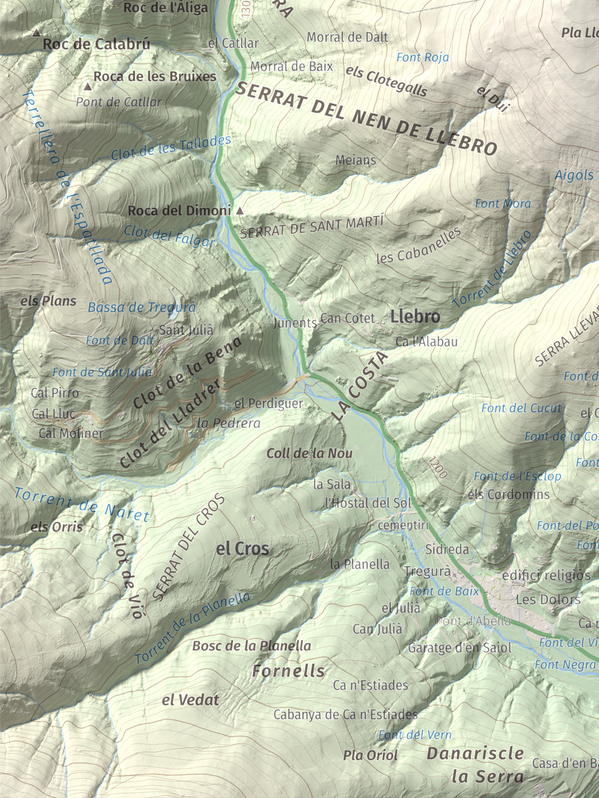 Mapa de relieve de Puig de les Agudes, 1976 m, Ripollès, lámina 100 Cims de Trobart. Detalle de la zona inferior izquierda. 30 × 40 cm.