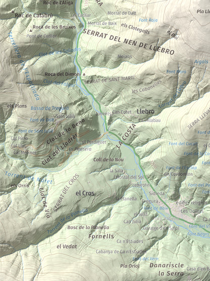 Mapa de relieve de Puig de les Agudes, 1976 m, Ripollès, lámina 100 Cims de Trobart. Detalle de la zona inferior izquierda. 30 × 40 cm.