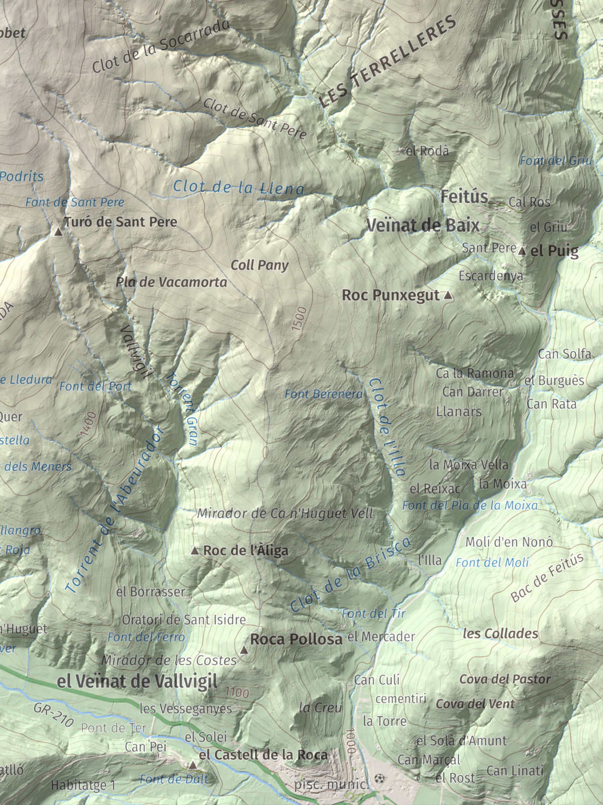Mapa de relieve de Puig de les Agudes, 1976 m, Ripollès, lámina 100 Cims de Trobart. Detalle de la zona inferior derecha. 30 × 40 cm.