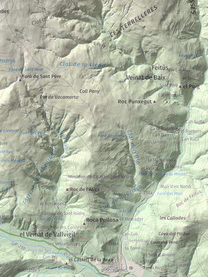 Mapa de relieve de Puig de les Agudes, 1976 m, Ripollès, lámina 100 Cims de Trobart. Detalle de la zona inferior derecha. 30 × 40 cm.