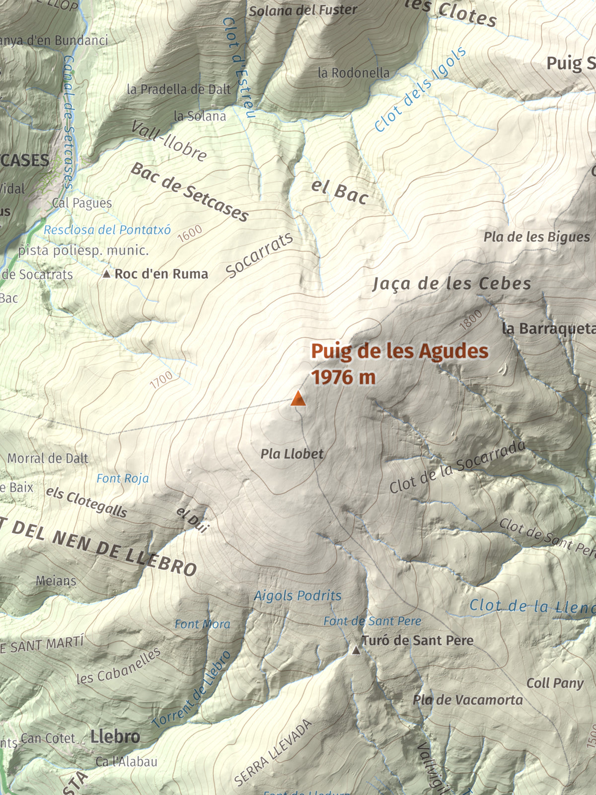 Mapa de relieve de Puig de les Agudes, 1976 m, Ripollès, lámina 100 Cims de Trobart. Detalle de la zona central. 30 × 40 cm.