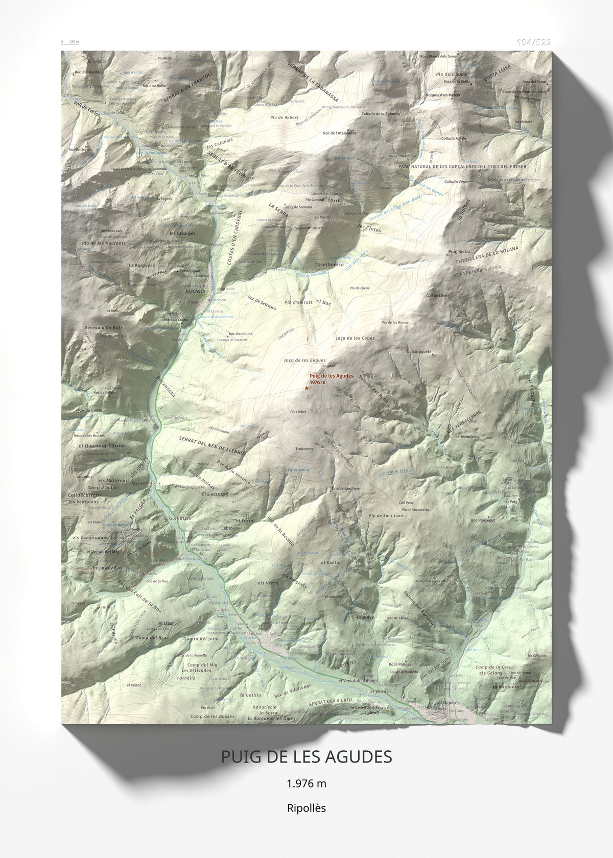 Mapa de relieve de Puig de les Agudes, 1976 m, Ripollès, lámina 100 Cims de Trobart 50 × 70 cm.