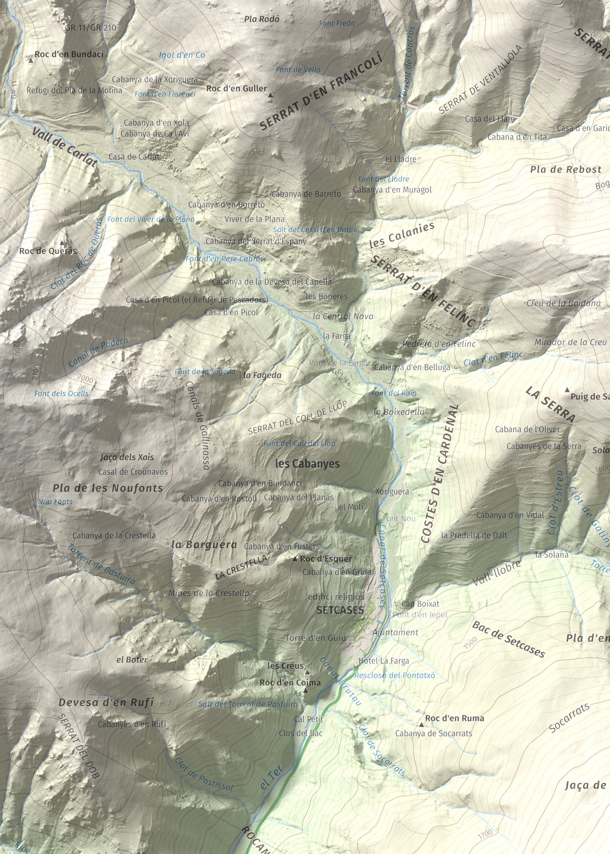 Mapa de relieve de Puig de les Agudes, 1976 m, Ripollès, lámina 100 Cims de Trobart. Detalle de la zona superior izquierda. 50 × 70 cm.