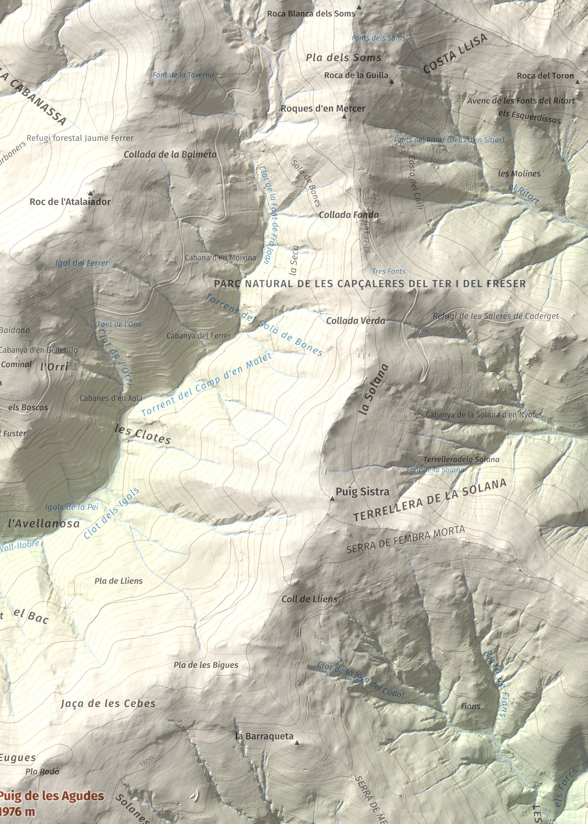 Mapa de relieve de Puig de les Agudes, 1976 m, Ripollès, lámina 100 Cims de Trobart. Detalle de la zona superior derecha. 50 × 70 cm.