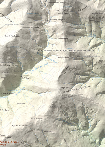 Mapa de relieve de Puig de les Agudes, 1976 m, Ripollès, lámina 100 Cims de Trobart. Detalle de la zona superior derecha. 50 × 70 cm.