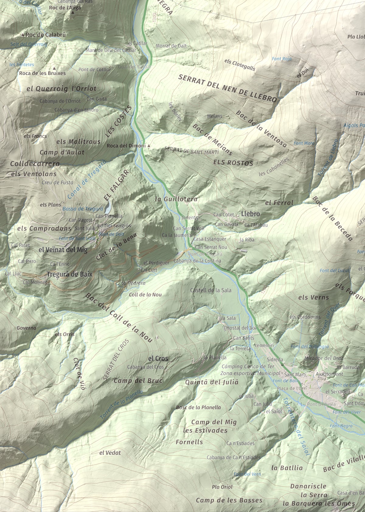 Mapa de relieve de Puig de les Agudes, 1976 m, Ripollès, lámina 100 Cims de Trobart. Detalle de la zona inferior izquierda. 50 × 70 cm.