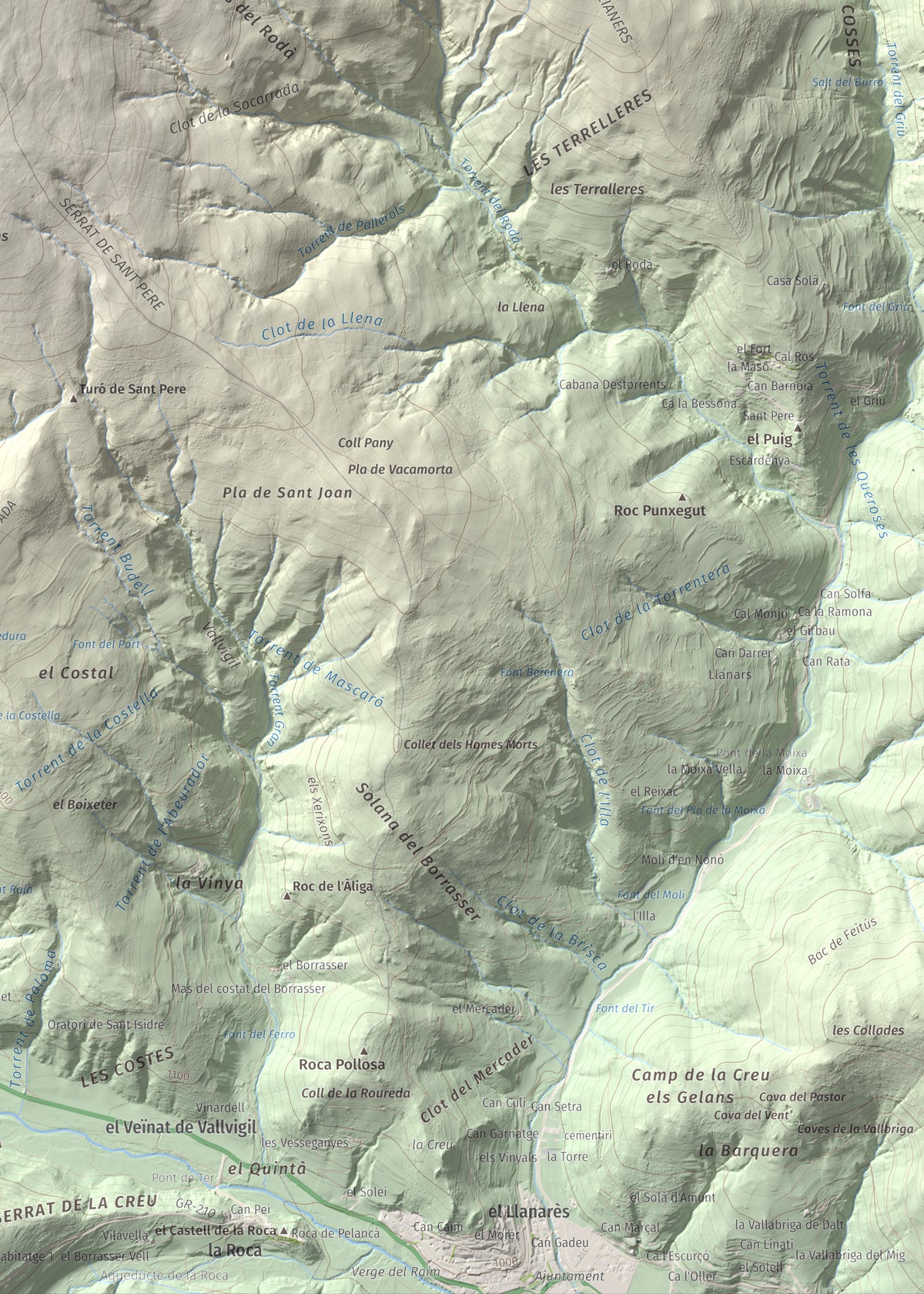 Mapa de relieve de Puig de les Agudes, 1976 m, Ripollès, lámina 100 Cims de Trobart. Detalle de la zona inferior derecha. 50 × 70 cm.