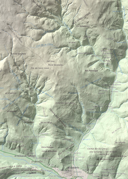 Mapa de relieve de Puig de les Agudes, 1976 m, Ripollès, lámina 100 Cims de Trobart. Detalle de la zona inferior derecha. 50 × 70 cm.