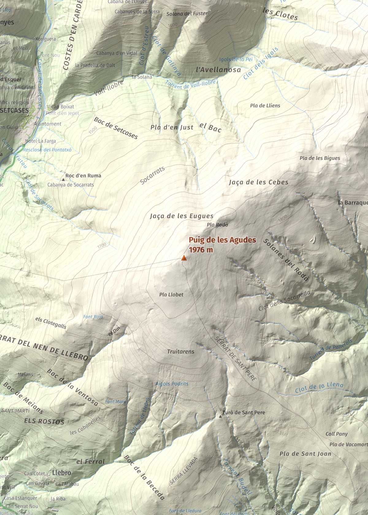 Mapa de relieve de Puig de les Agudes, 1976 m, Ripollès, lámina 100 Cims de Trobart. Detalle de la zona central. 50 × 70 cm.