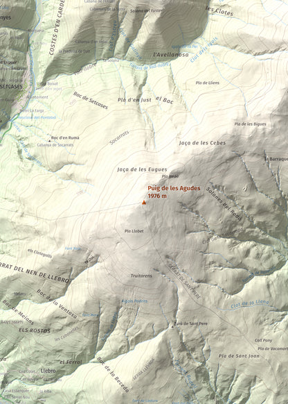 Mapa de relieve de Puig de les Agudes, 1976 m, Ripollès, lámina 100 Cims de Trobart. Detalle de la zona central. 50 × 70 cm.