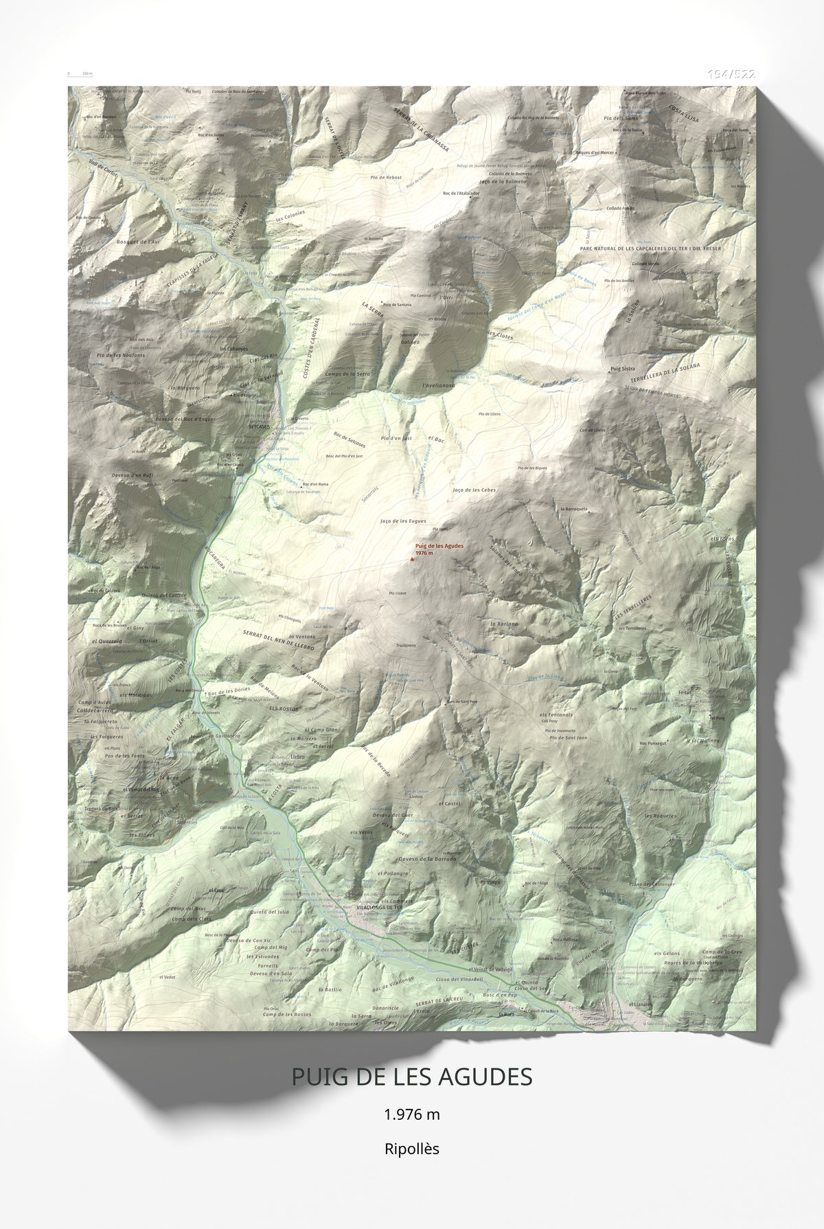 Mapa de relieve de Puig de les Agudes, 1976 m, Ripollès, lámina 100 Cims de Trobart 61 × 91 cm.