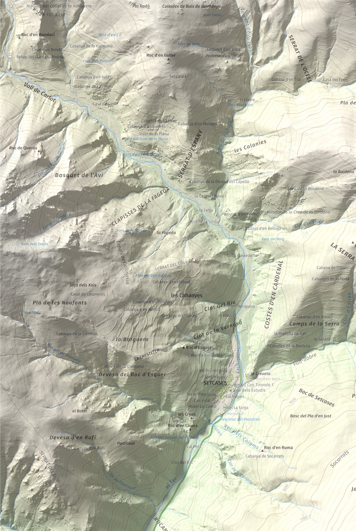 Mapa de relieve de Puig de les Agudes, 1976 m, Ripollès, lámina 100 Cims de Trobart. Detalle de la zona superior izquierda. 61 × 91 cm.