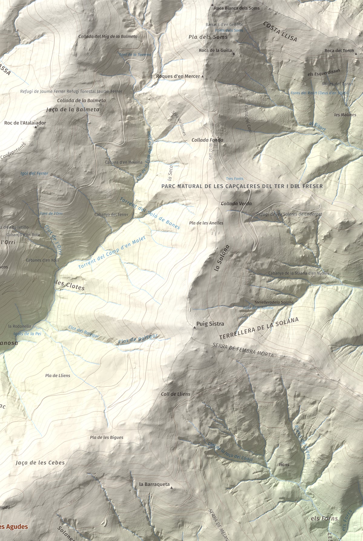 Mapa de relieve de Puig de les Agudes, 1976 m, Ripollès, lámina 100 Cims de Trobart. Detalle de la zona superior derecha. 61 × 91 cm.