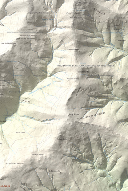 Mapa de relieve de Puig de les Agudes, 1976 m, Ripollès, lámina 100 Cims de Trobart. Detalle de la zona superior derecha. 61 × 91 cm.