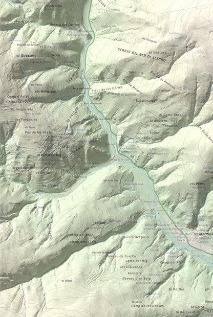 Mapa de relieve de Puig de les Agudes, 1976 m, Ripollès, lámina 100 Cims de Trobart. Detalle de la zona inferior izquierda. 61 × 91 cm.