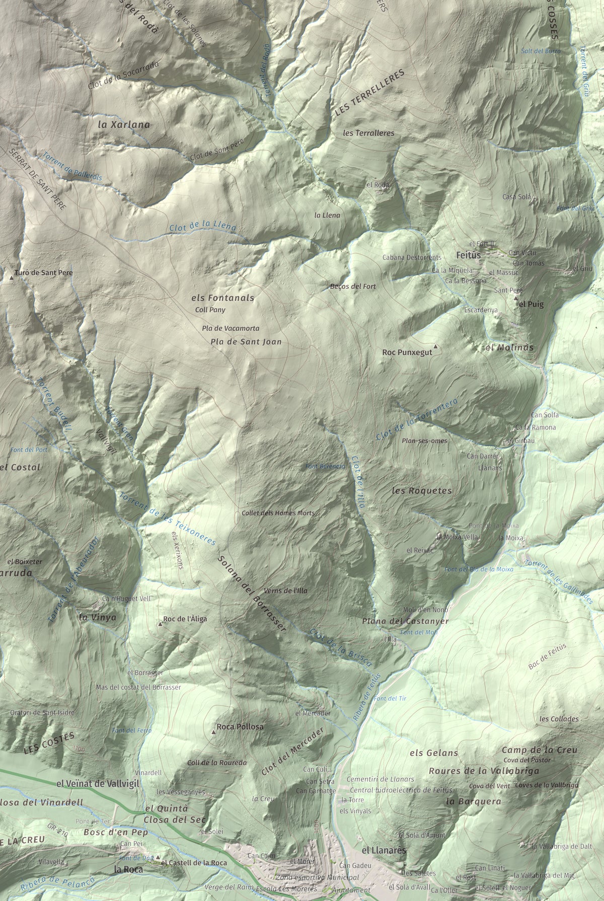 Mapa de relieve de Puig de les Agudes, 1976 m, Ripollès, lámina 100 Cims de Trobart. Detalle de la zona inferior derecha. 61 × 91 cm.