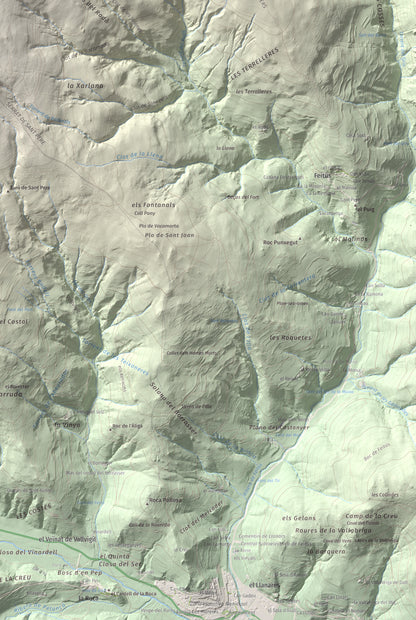 Mapa de relieve de Puig de les Agudes, 1976 m, Ripollès, lámina 100 Cims de Trobart. Detalle de la zona inferior derecha. 61 × 91 cm.
