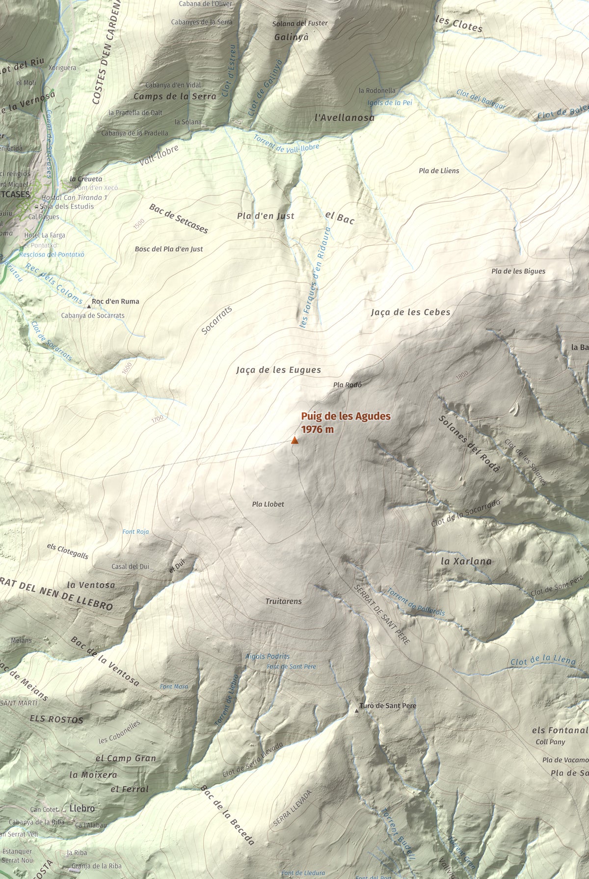 Mapa de relieve de Puig de les Agudes, 1976 m, Ripollès, lámina 100 Cims de Trobart. Detalle de la zona central. 61 × 91 cm.