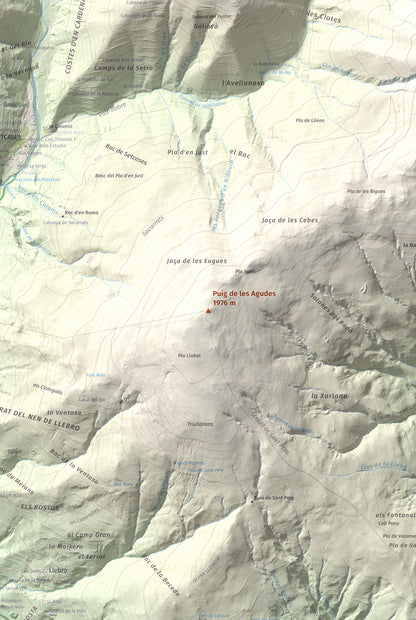Mapa de relieve de Puig de les Agudes, 1976 m, Ripollès, lámina 100 Cims de Trobart. Detalle de la zona central. 61 × 91 cm.