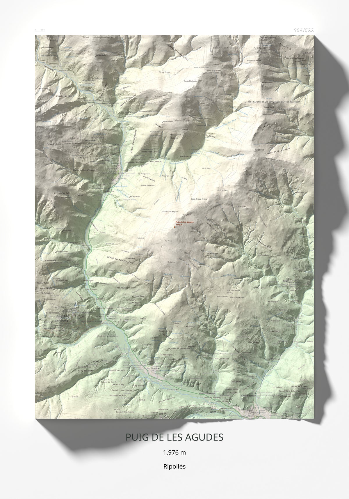 Mapa de relieve de Puig de les Agudes, 1976 m, Ripollès, lámina 100 Cims de Trobart 70 × 100 cm.