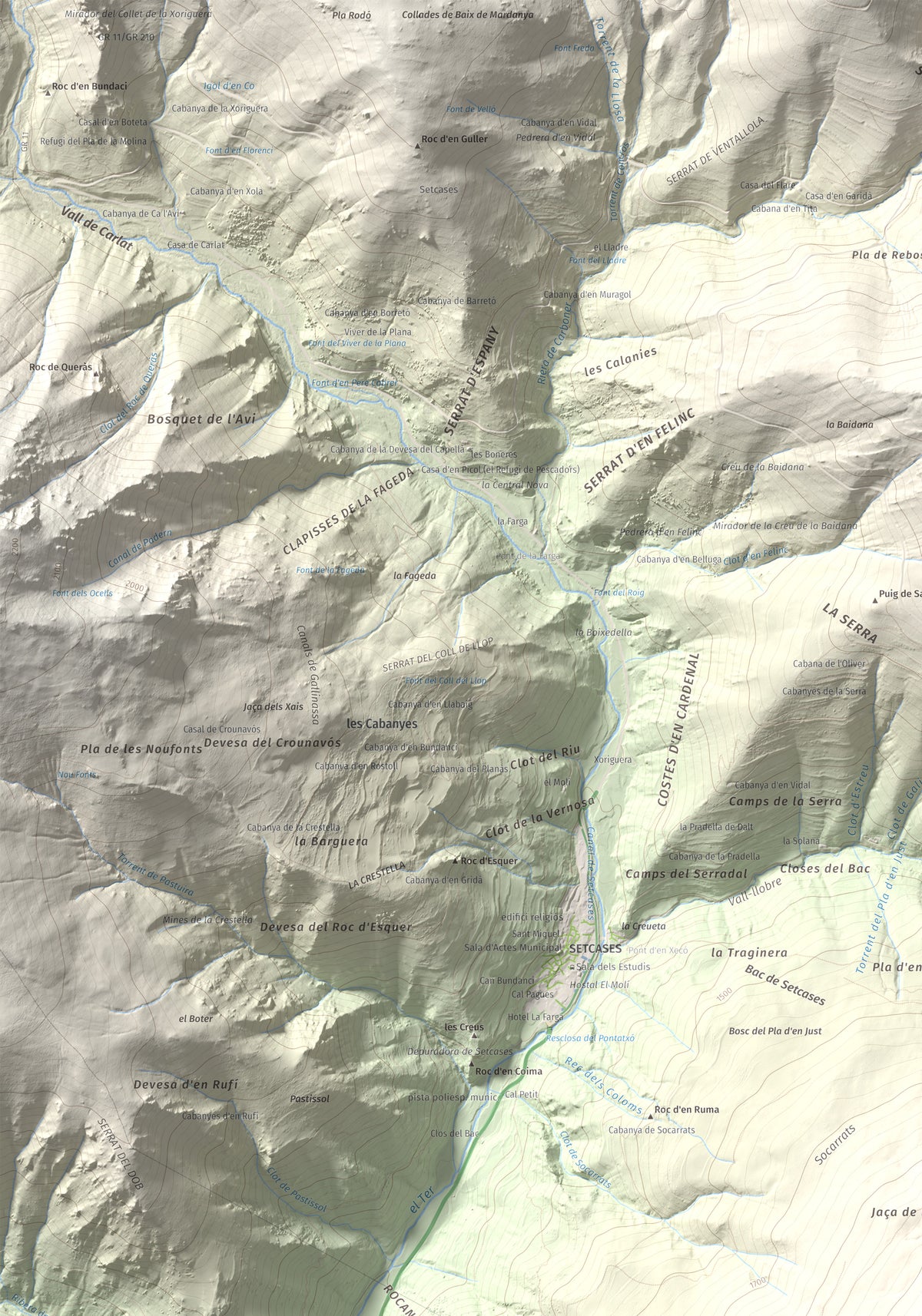 Mapa de relieve de Puig de les Agudes, 1976 m, Ripollès, lámina 100 Cims de Trobart. Detalle de la zona superior izquierda. 70 × 100 cm.