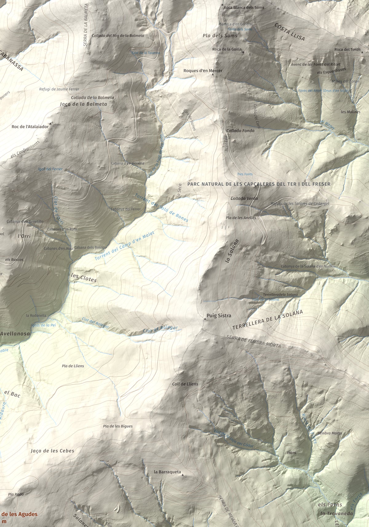 Mapa de relieve de Puig de les Agudes, 1976 m, Ripollès, lámina 100 Cims de Trobart. Detalle de la zona superior derecha. 70 × 100 cm.
