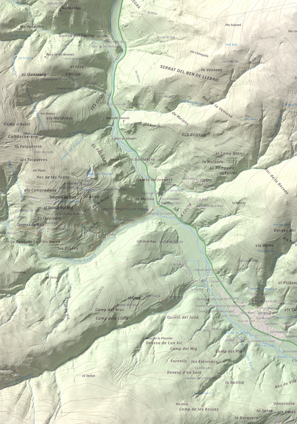 Mapa de relieve de Puig de les Agudes, 1976 m, Ripollès, lámina 100 Cims de Trobart. Detalle de la zona inferior izquierda. 70 × 100 cm.