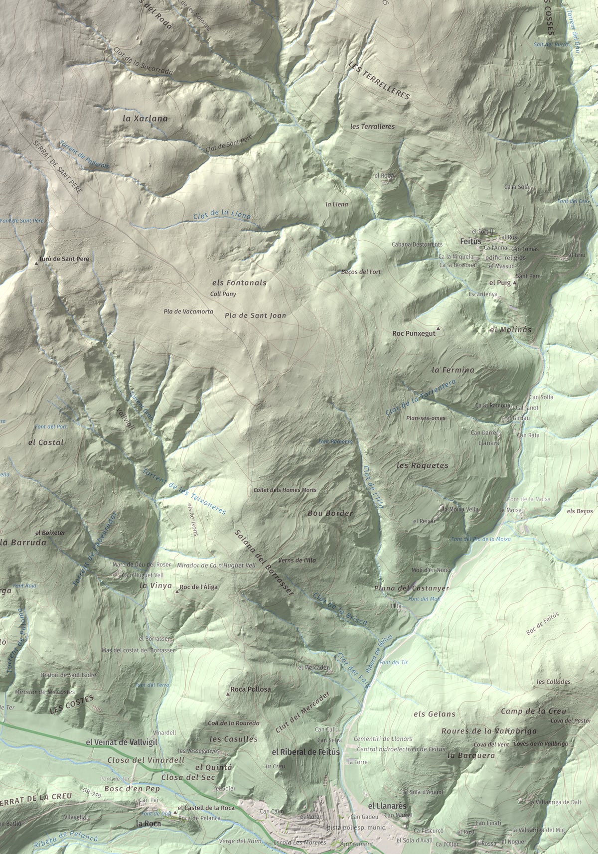 Mapa de relieve de Puig de les Agudes, 1976 m, Ripollès, lámina 100 Cims de Trobart. Detalle de la zona inferior derecha. 70 × 100 cm.