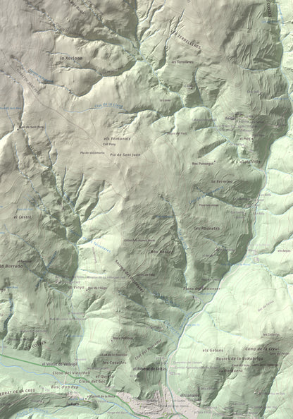 Mapa de relieve de Puig de les Agudes, 1976 m, Ripollès, lámina 100 Cims de Trobart. Detalle de la zona inferior derecha. 70 × 100 cm.