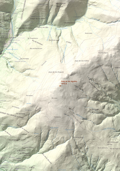 Mapa de relieve de Puig de les Agudes, 1976 m, Ripollès, lámina 100 Cims de Trobart. Detalle de la zona central. 70 × 100 cm.