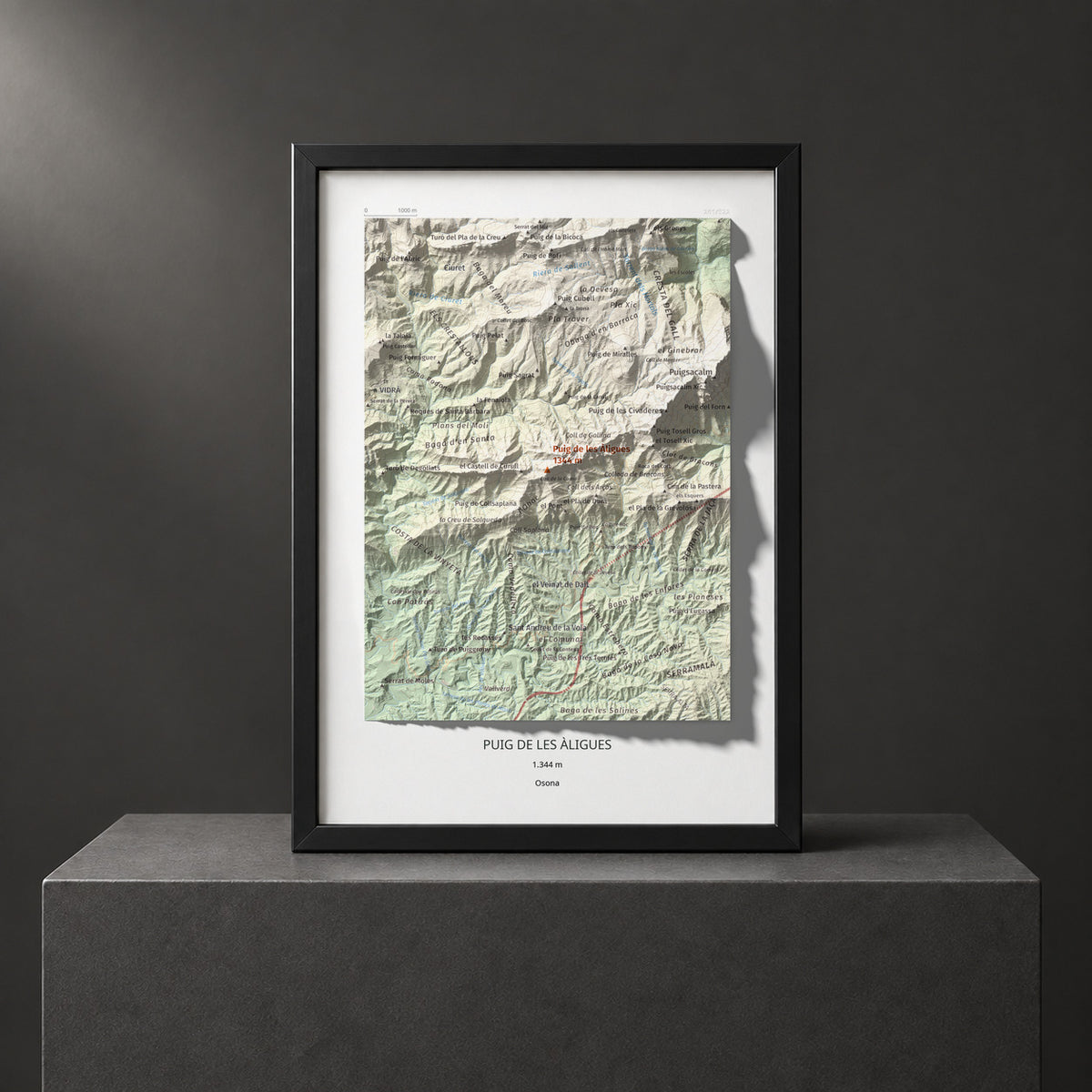 Mapa de relieve de Puig de les Àligues, 1344 m, Osona, lámina 100 Cims de Trobart. Presentación enmarcada. 21 × 30 cm.