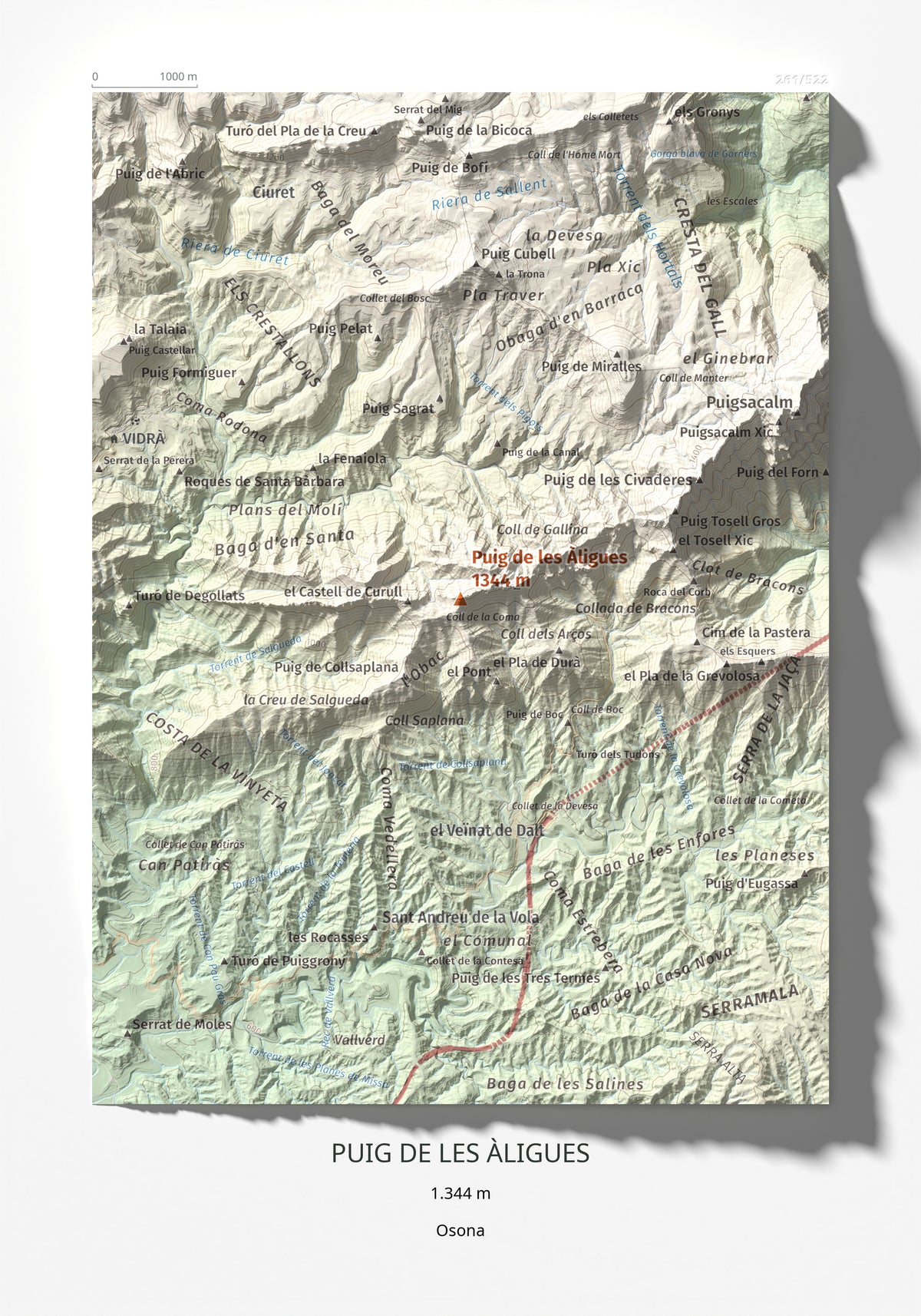Mapa de relieve de Puig de les Àligues, 1344 m, Osona, lámina 100 Cims de Trobart 21 × 30 cm.