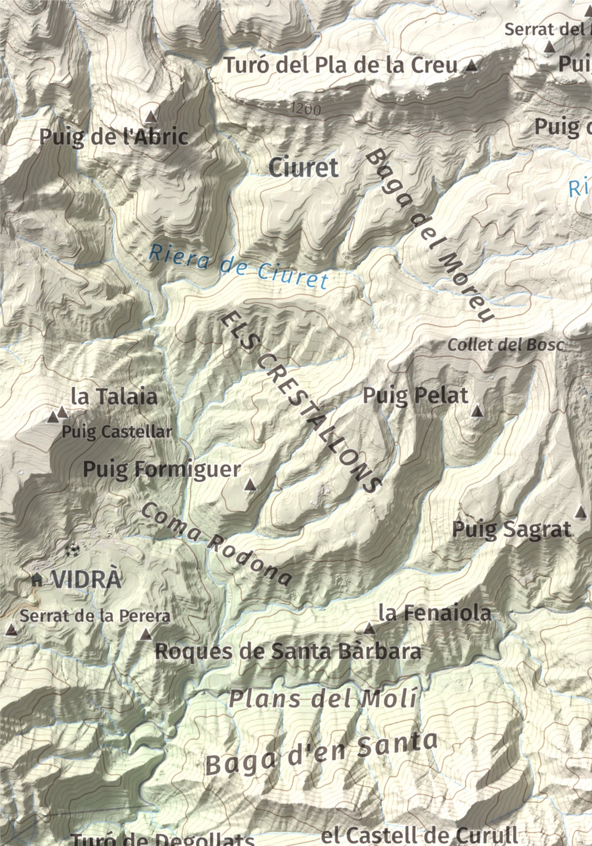 Mapa de relieve de Puig de les Àligues, 1344 m, Osona, lámina 100 Cims de Trobart. Detalle de la zona superior izquierda. 21 × 30 cm.