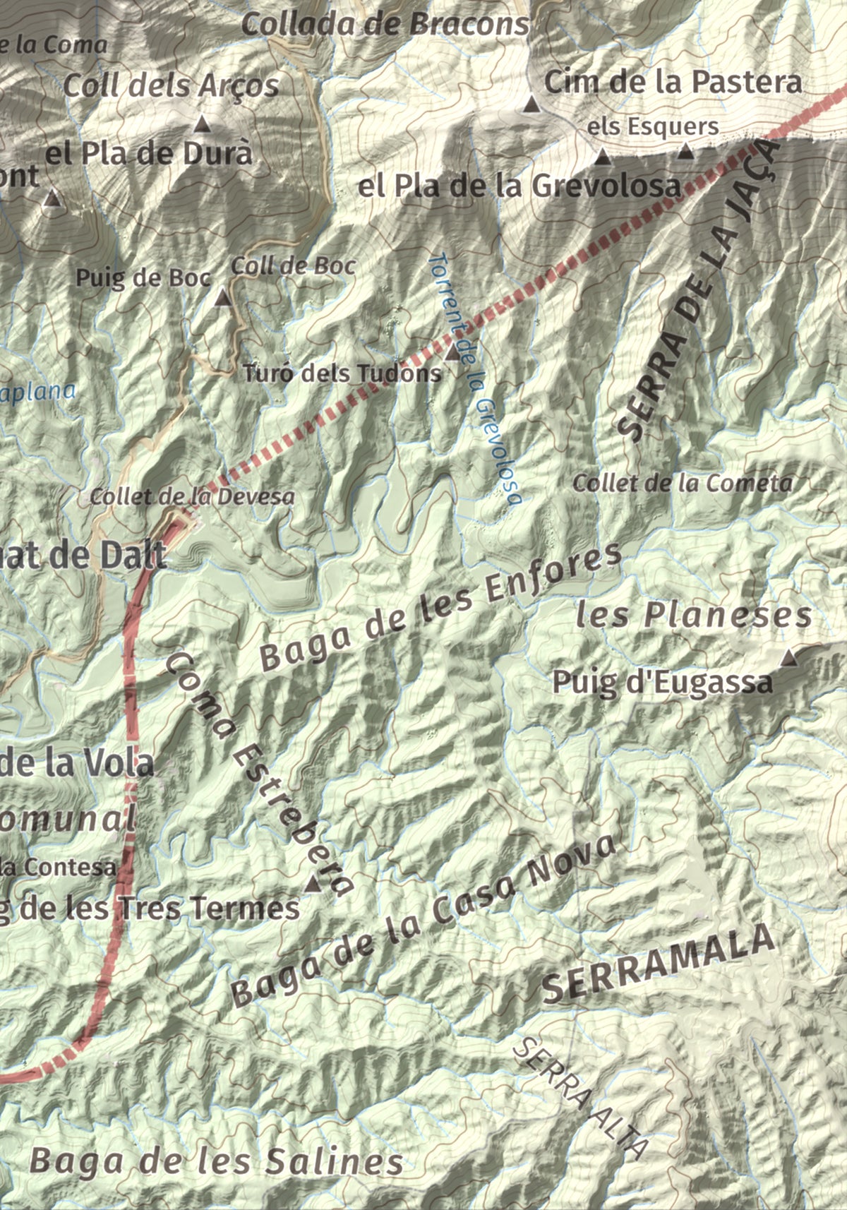 Mapa de relieve de Puig de les Àligues, 1344 m, Osona, lámina 100 Cims de Trobart. Detalle de la zona inferior derecha. 21 × 30 cm.