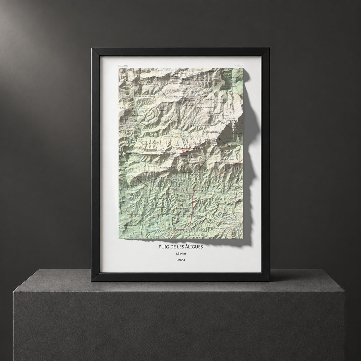 Mapa de relieve de Puig de les Àligues, 1344 m, Osona, lámina 100 Cims de Trobart. Presentación enmarcada. 30 × 40 cm.