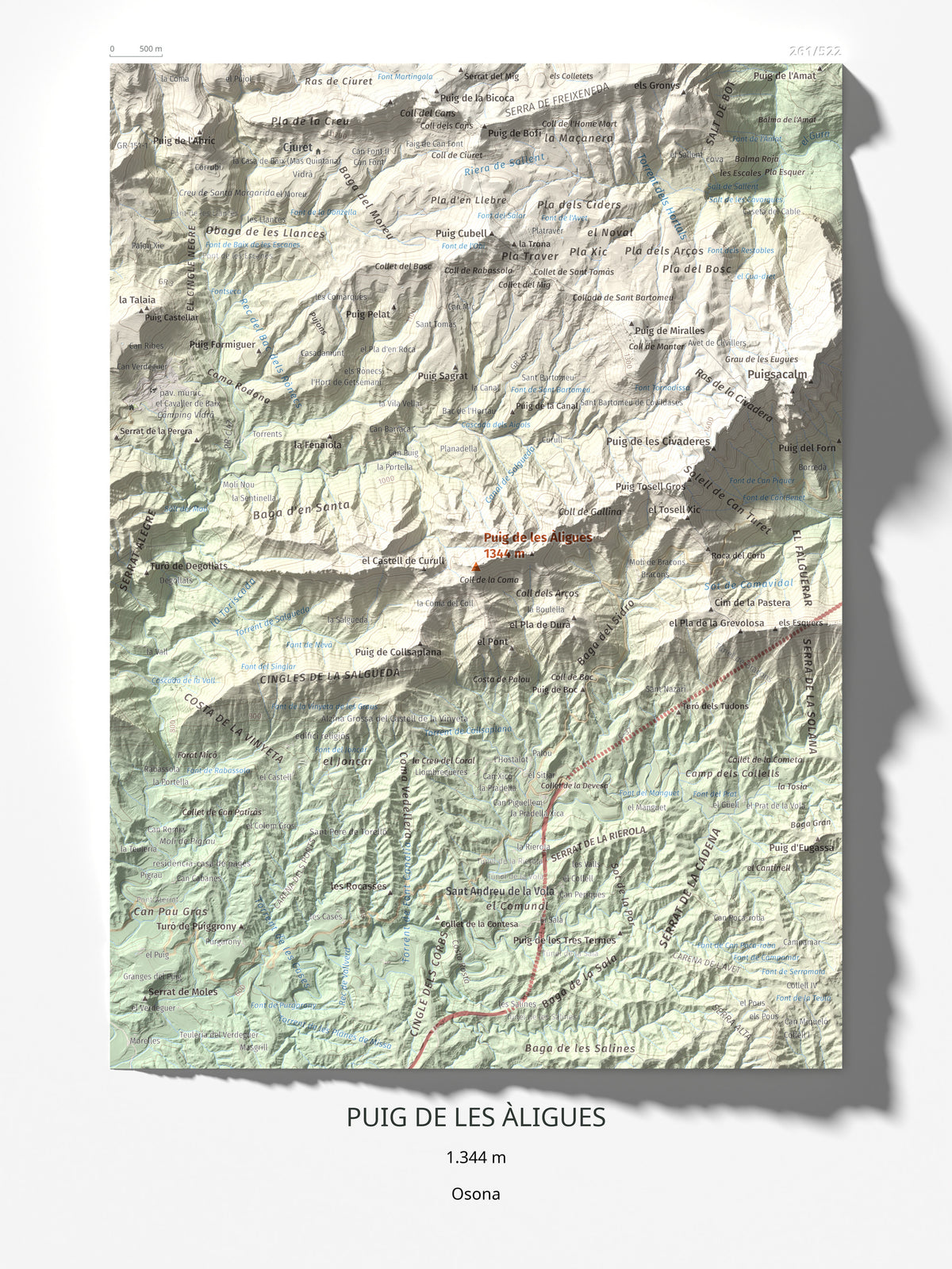 Mapa de relieve de Puig de les Àligues, 1344 m, Osona, lámina 100 Cims de Trobart 30 × 40 cm.