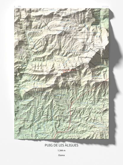 Mapa de relieve de Puig de les Àligues, 1344 m, Osona, lámina 100 Cims de Trobart 30 × 40 cm.
