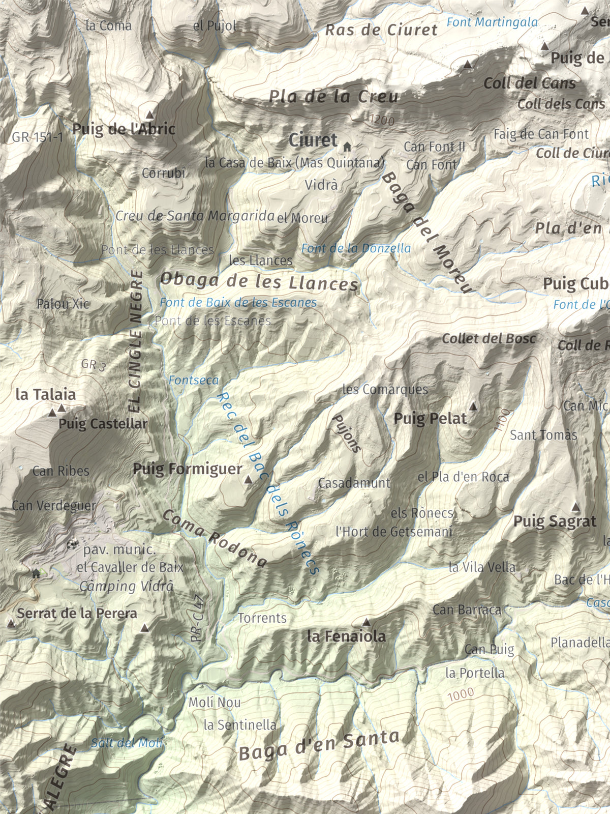 Mapa de relieve de Puig de les Àligues, 1344 m, Osona, lámina 100 Cims de Trobart. Detalle de la zona superior izquierda. 30 × 40 cm.