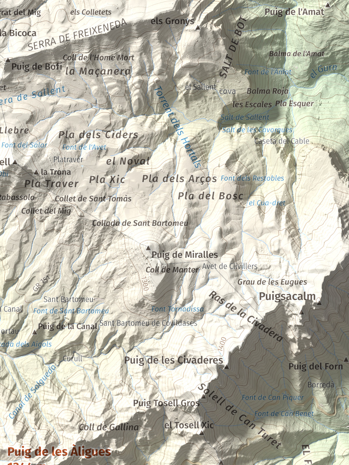 Mapa de relieve de Puig de les Àligues, 1344 m, Osona, lámina 100 Cims de Trobart. Detalle de la zona superior derecha. 30 × 40 cm.