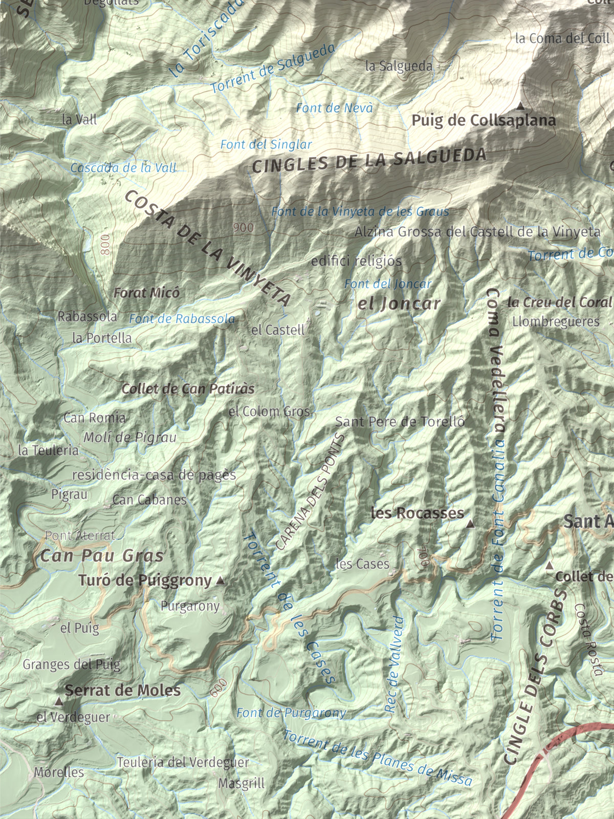 Mapa de relieve de Puig de les Àligues, 1344 m, Osona, lámina 100 Cims de Trobart. Detalle de la zona inferior izquierda. 30 × 40 cm.