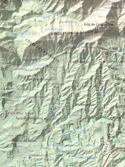 Mapa de relieve de Puig de les Àligues, 1344 m, Osona, lámina 100 Cims de Trobart. Detalle de la zona inferior izquierda. 30 × 40 cm.