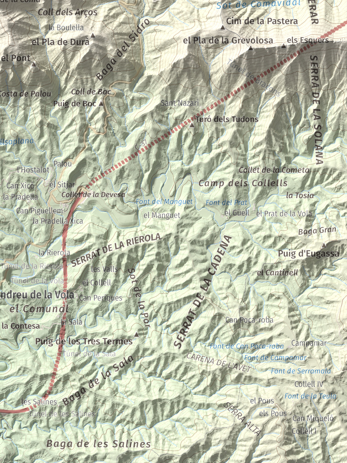 Mapa de relieve de Puig de les Àligues, 1344 m, Osona, lámina 100 Cims de Trobart. Detalle de la zona inferior derecha. 30 × 40 cm.