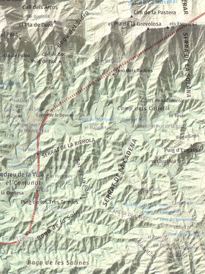 Mapa de relieve de Puig de les Àligues, 1344 m, Osona, lámina 100 Cims de Trobart. Detalle de la zona inferior derecha. 30 × 40 cm.
