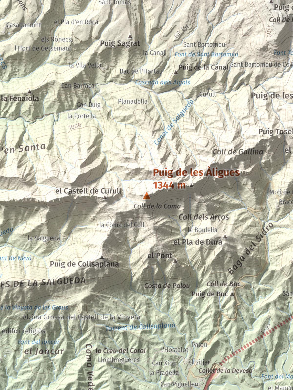 Mapa de relieve de Puig de les Àligues, 1344 m, Osona, lámina 100 Cims de Trobart. Detalle de la zona central. 30 × 40 cm.