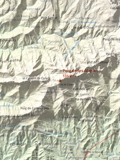 Mapa de relieve de Puig de les Àligues, 1344 m, Osona, lámina 100 Cims de Trobart. Detalle de la zona central. 30 × 40 cm.