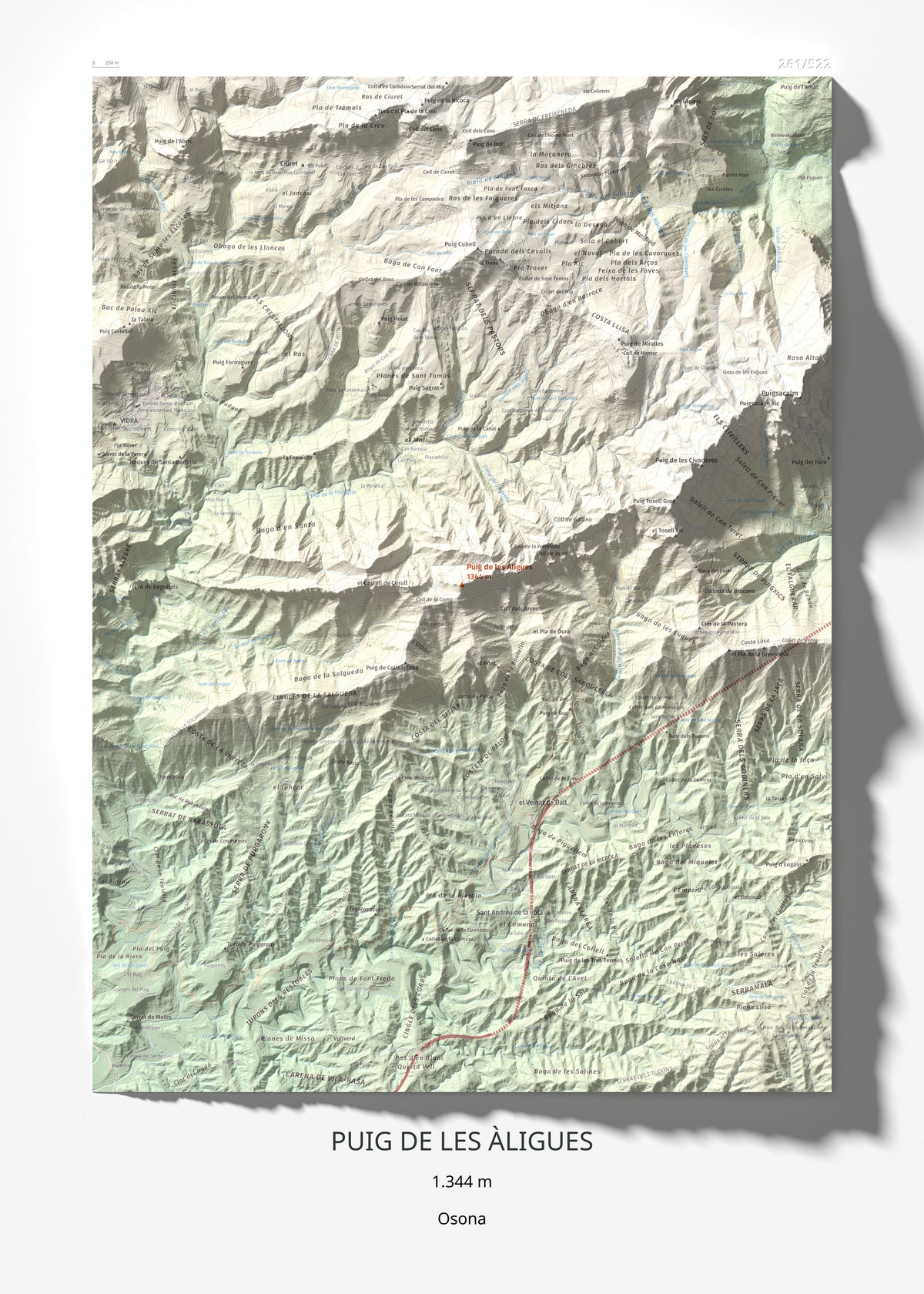 Mapa de relieve de Puig de les Àligues, 1344 m, Osona, lámina 100 Cims de Trobart 50 × 70 cm.