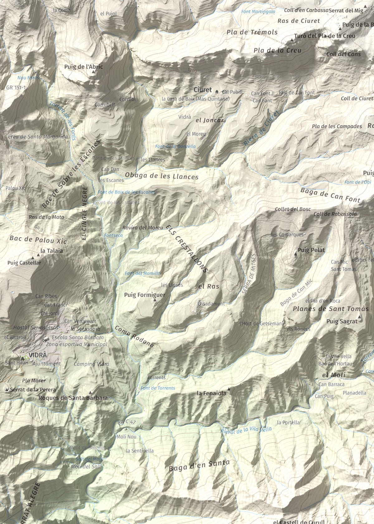 Mapa de relieve de Puig de les Àligues, 1344 m, Osona, lámina 100 Cims de Trobart. Detalle de la zona superior izquierda. 50 × 70 cm.