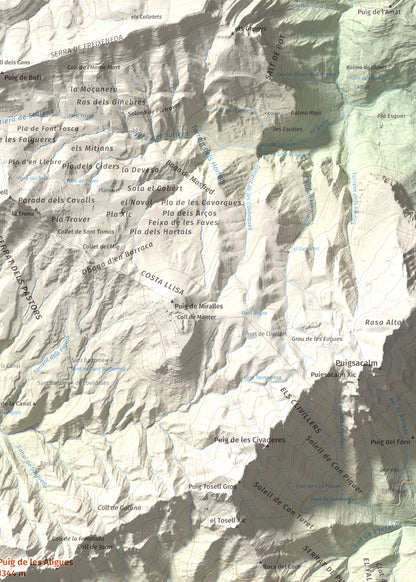 Mapa de relieve de Puig de les Àligues, 1344 m, Osona, lámina 100 Cims de Trobart. Detalle de la zona superior derecha. 50 × 70 cm.