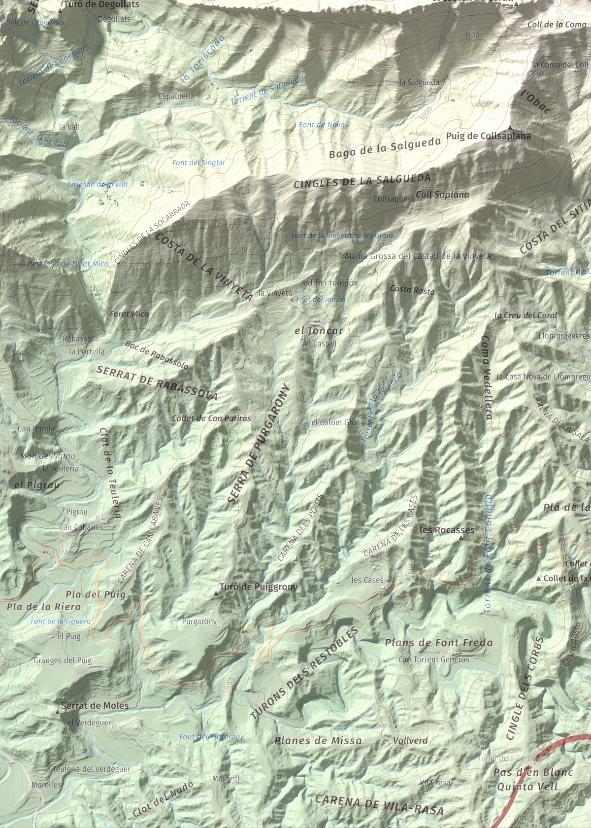 Mapa de relieve de Puig de les Àligues, 1344 m, Osona, lámina 100 Cims de Trobart. Detalle de la zona inferior izquierda. 50 × 70 cm.