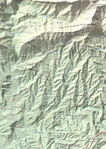 Mapa de relieve de Puig de les Àligues, 1344 m, Osona, lámina 100 Cims de Trobart. Detalle de la zona inferior izquierda. 50 × 70 cm.